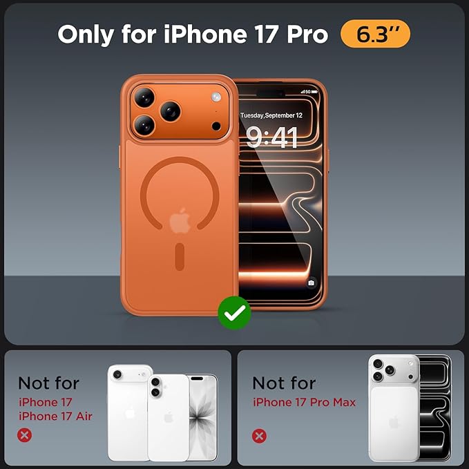 Miracase Magnetic for iPhone 17 Pro Case 6.3" with Screen Protector, [Compatible with MagSafe] Military-Grade Protection, Anti-Fingerprint, Slim Thin Phone Case for 17 Pro Cover, Orange