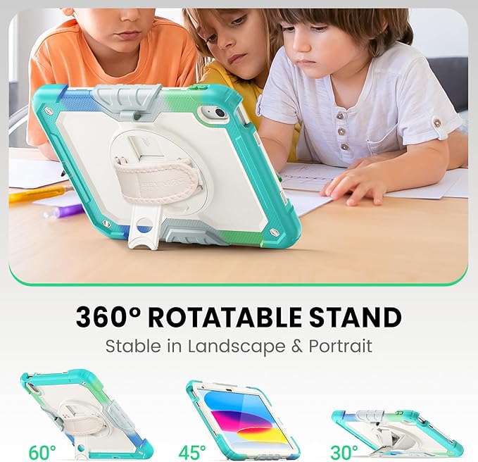 SEYMAC Case for iPad (A16) 11th/10th Generation 2025/2022 (11″/10.9″), Sturdy Heavy Duty Full-Body Shockproof Protective Case with Screen Protector, Rotating Stand, Hand/Shoulder Strap, Colorful/Blue