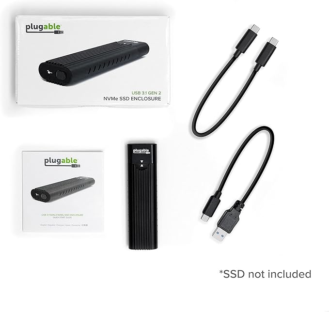 Plugable M.2 NVMe SSD Enclosure; Tool-Free & Driverless, USB 3 Type-C, Including Thunderbolt and USB4, at 10Gbps. for M.2 NVMe SSDs 2230 to 2280 PCIe Gen 3 and 4. USB Cables Included