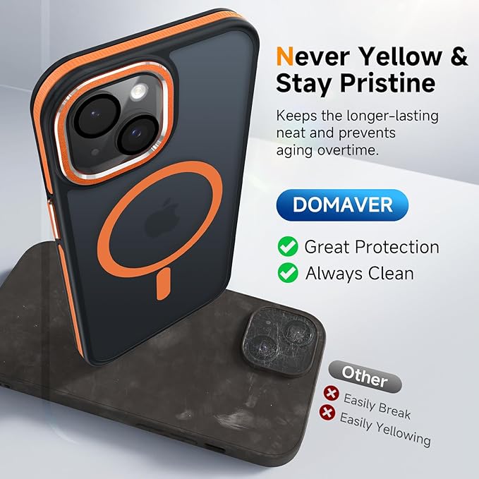DOMAVER Magnetic 3 in 1 for iPhone 14 Case, [Omni-Directional Protection] with 1x Screen Protector + 1x Camera Cover, [Seamless Work with Magsafe] Protective Silm Case for iPhone 14 Cosmic Orange