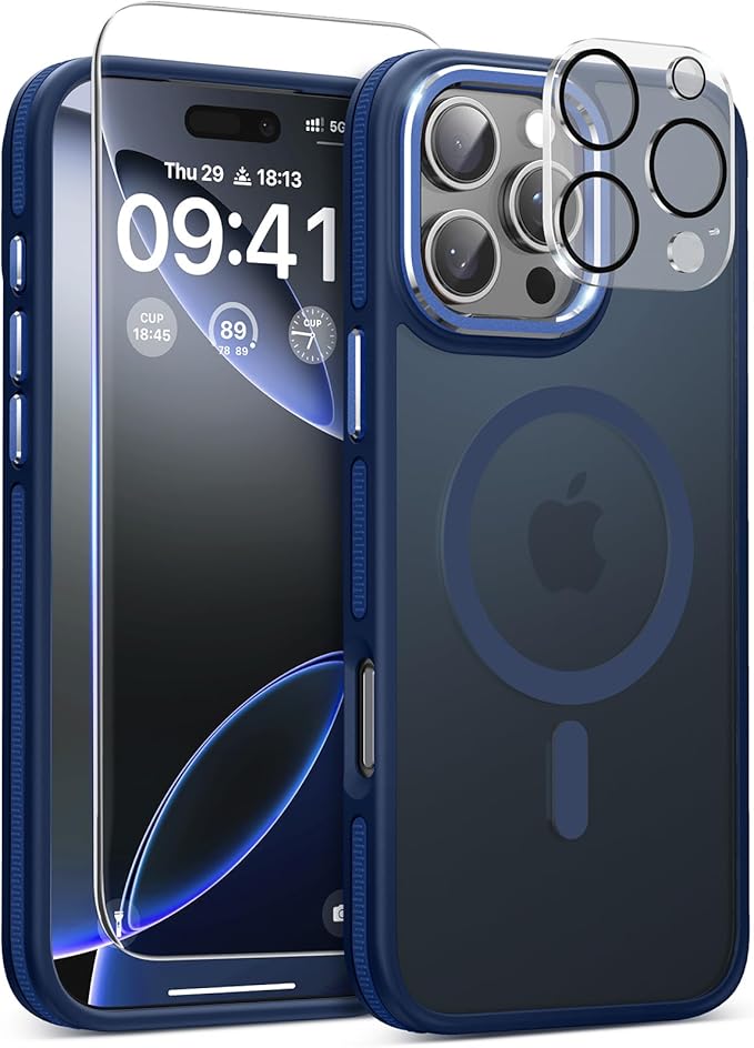 Magnetic 3 in 1 for iPhone 16 Pro Case, [Omni-Directional Protection] with 1x Screen Protector + 1x Camera Cover, [Seamless Work with Magsafe] Shockproof Slim Thin Matte Case for iPhone 16 Pro Blue