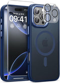 Magnetic 3 in 1 for iPhone 16 Pro Case, [Omni-Directional Protection] with 1x Screen Protector + 1x Camera Cover, [Seamless Work with Magsafe] Shockproof Slim Thin Matte Case for iPhone 16 Pro Blue