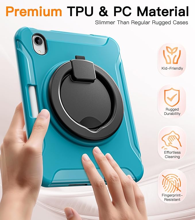 BATYUE Shockproof Case for iPad mini 7 (A17 Pro)/ Mini 6 8.3 inch (2024/2021) - 360° Multi-Angle Stand (Portrait & Landscape) & Grip, Built-in Pencil Holder, Lake Blue