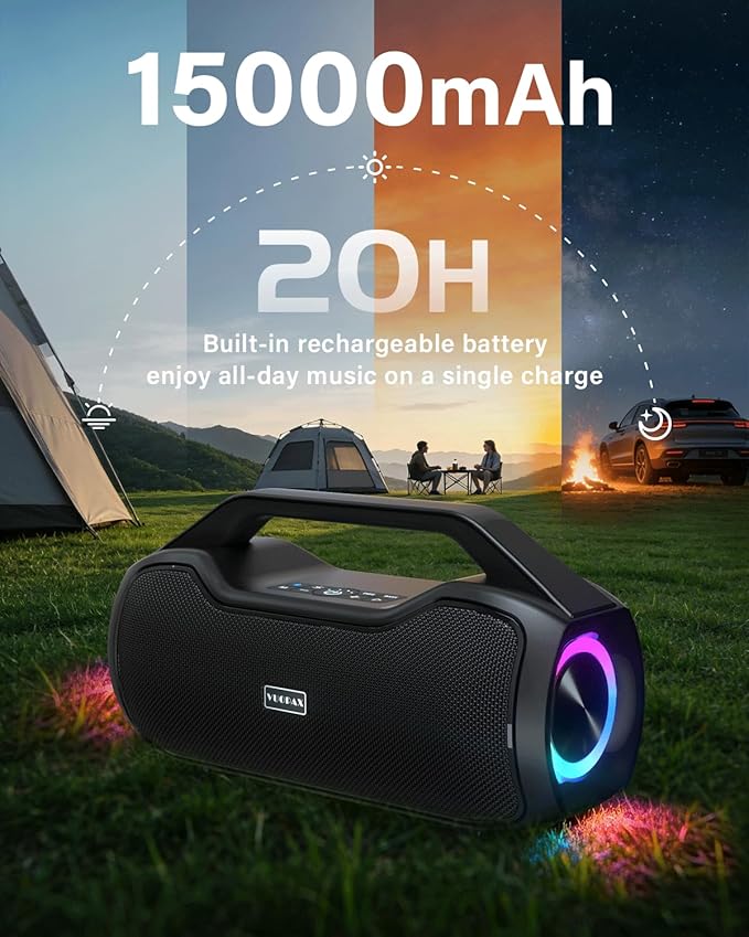 Portable Bluetooth Speaker Bass Boost, 120W Peak Loud Powerful Speakers Wireless w/2*Bass and 2*tweeters, 20H Playtime,IPX6 Waterproof, BT5.4, Suitable for Party, Beach, Camping,Outdoor,Large Jobsite,