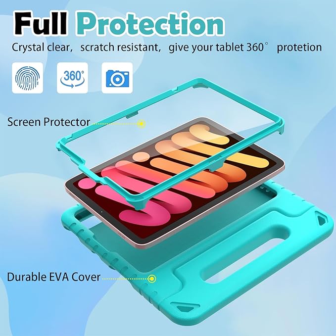 AVAWO Kids Case for iPad mini 7 (A17 Pro) 2024 8.3 inch, Mini 6 2021 with Built-in Screen Protector, Shockproof Lightweight Handle Stand Cover for Model (A2995/A2996, A2567/A2568/A2569), Turquoise