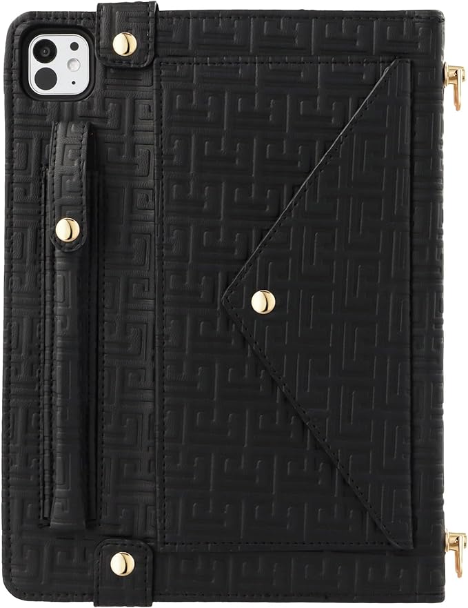 Handbag Case for iPad Pro 13-inch M5 2025/M4 2024, Techcircle Elegant Crossbody PU Leather Folio Envelope Pocket Stand Cover with Hand Strap+Shoulder Strap+Pencil Holder+Card Slots, Black