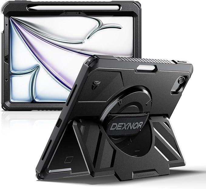 Dexnor Case for iPad Air 11 inch M4/M3/M2, iPad Air 5th/4th Generation 10.9 inch Rugged Case with 360° Rotating Hand Strap & Stand & Screen Protector & Pencil Holder Shockproof Full-Body Cover, Black