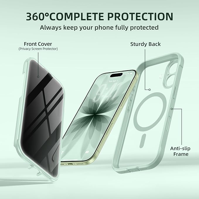 BERFY for iPhone 17 Case, Compatible with MagSafe, Built-in Privacy Screen Protector, Camera Protection, Shockproof Full Body Phone Case 6.3", Clear Green