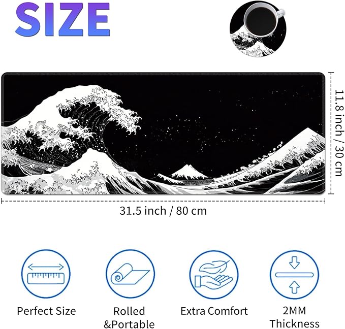 Large Mouse Pad, Desk Mat, XL Gaming Keyboard Mat, Non-Slip Rubber Base, Full Extended Mousepad for Gaming Office Home, 31.5 X 11.8 Inch, Japanese Sea Wave
