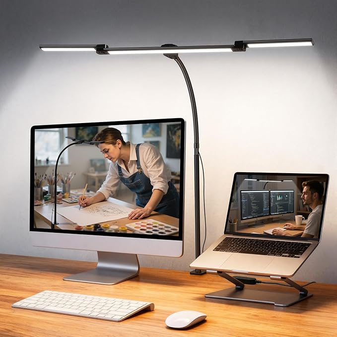LED Desk Lamp for Office Home, 3 Head Adjustable Computer Monitor light Bar Stepless Dimming, Eye Caring Architect Desk Lamp Table Lamp Clip on Desk Light with Clamp for Reading Study Workbench Black