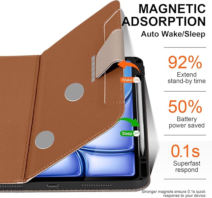for iPad Air 13 inch Case 2024/2025/2026 M4/M3/M2 Model, Premium Smart Folio Cover with Auto Wake/Sleep, Apple Pencil 2 Holder, Multi-Angle Stand and Secure Buckle Closure (Brown)