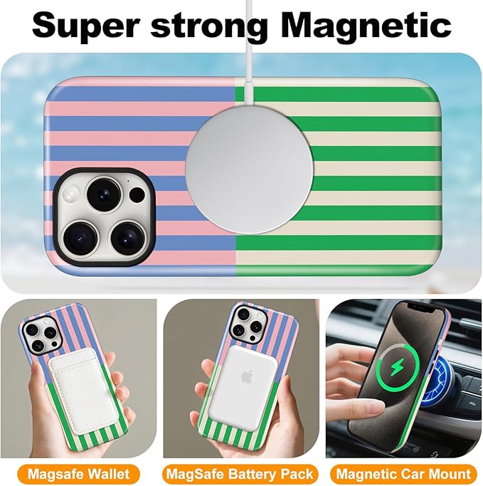 Magnetic for iPhone 16 Plus Case Cute Stripes Phone Case, Shockproof Slim TPU and Hard PC Protective Phone Cover Compatible with MagSafe Designed for Women Girls, Gray