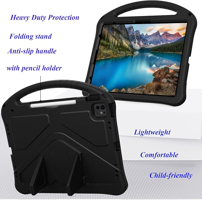 for iPad Pro 12.9 inch Kids Case 6th/5th/4th/3rd Generation (2022/2021/2020/2018) with Kickstand/Pencil Holder/Handle Stand Lightweight Soft EVA Shockproof Heavy Duty Protective Cover, Black