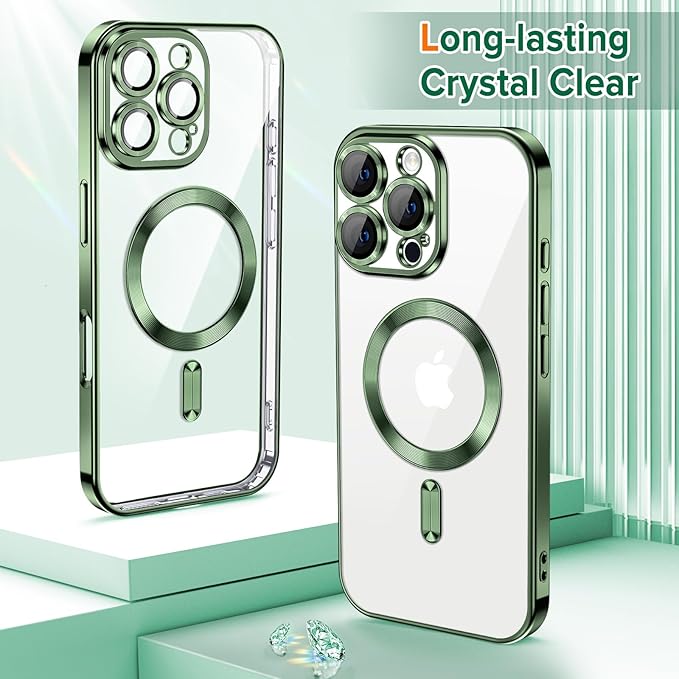 Hython Magnetic Clear for iPhone 16 Pro Max Case with Camera Lens Protector [Compatible with MagSafe] Plating Edge Slim Soft TPU Cover Protective Phone Case for iPhone 16 Pro Max 6.9", Deep Green