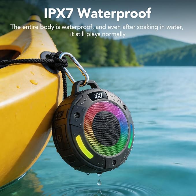 Bluetooth Speaker, 2026 Portable Wireless Shower Speaker, Digital Display Portable Speaker with Detachable hook ,IPX7 Waterproof with LED Light, HD Sound & Bass for Bathroom, Pool, Beach & Outdoor
