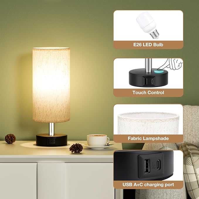 PartageiZ Small Touch Bedside Lamp for Bedroom - Table Lamps for Nightstand, Minimalist Night Stands Light Lamp, Desk Lamps for Reading, Kids, Living Room, Office, Dorm
