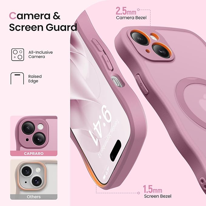 CAPRARO for iPhone 15 Case with 360° Spin Magnetic Stand for Women, [Compatible with MagSafe] [Full Camera Protection] Cute Wave Translucent Matte Case for iPhone 15, Black Currant