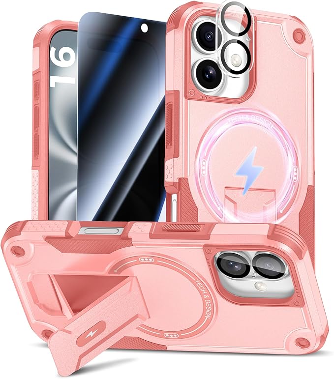 Goton for iPhone 16 Case with Privacy Tempered Glass Screen Protector & Camera Lens Protector, Compatible with MagSafe, Invisible Kickstand, Shockproof Phone Cover for iPhone16, Pink