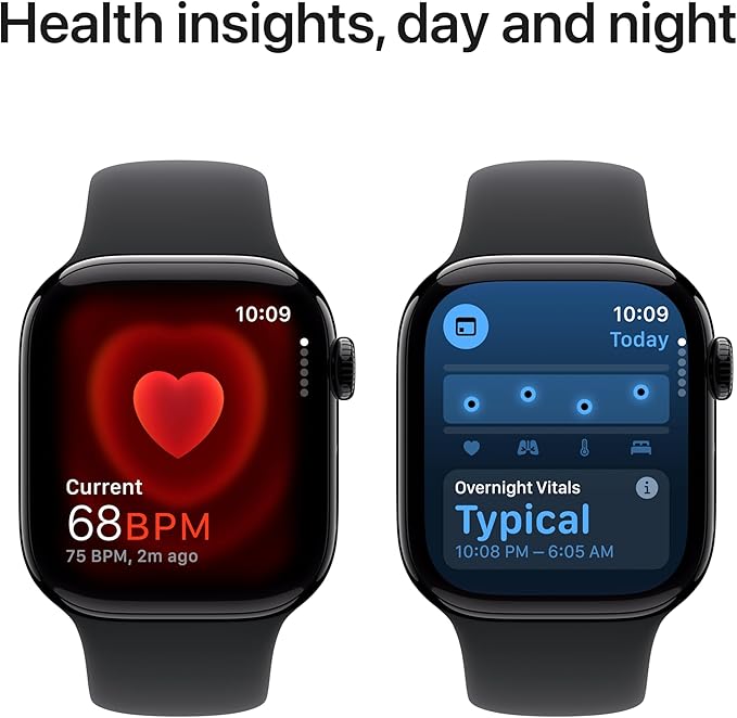 Apple Watch Series 10 [GPS 42mm] with Jet Black Aluminium Case with Black Sport Band - S/M. Fitness Tracker, ECG App, Always-On Retina Display, Water Resistant with AppleCare+ (2-years)