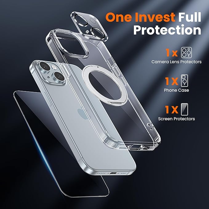 toushion 3 in 1 for iPhone 15 Plus Case Stand |Build in Kickstand,Screen Protector *1 & Camera Lens Protector*1, Not Yellowing, Fits MagSafe, Military-Grade Protection