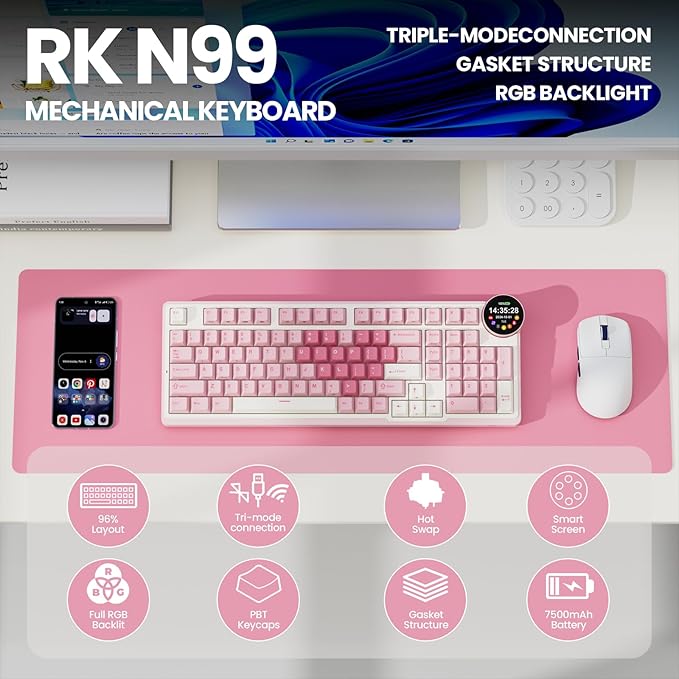 RK ROYAL KLUDGE N99 Wireless Mechanical Keyboard with Screen & Knob, BT/2.4G/USB-C, 96% Hot Swappable Custom Keyboard, Pre-lubed Linear Switches, Gasket Mount, RGB Mechanical Gaming Keyboard