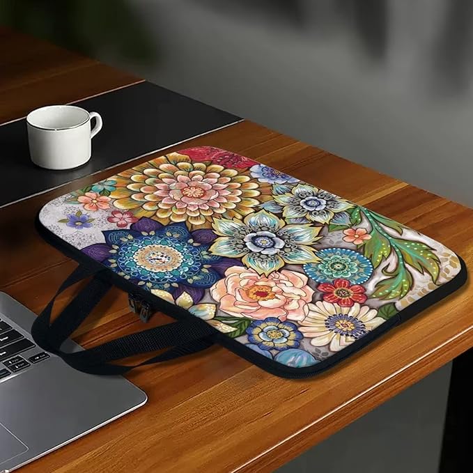12 Inch Boho Flowers Laptop Sleeve for Women Girl, Slim Water Resistant Computer Carrying Case with Handle, Durable Protective Laptop Tote Bag Cover Compatible with Tablet/Notebook/Reader