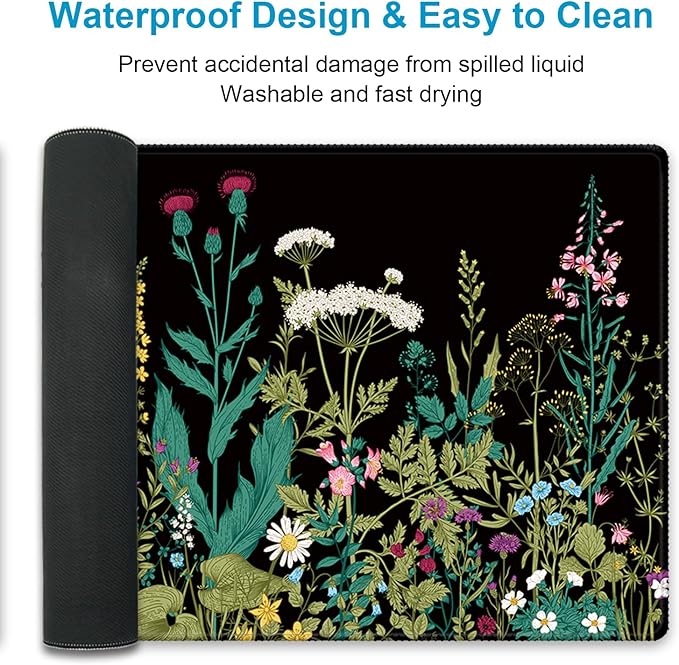 XXL Waterproof Office Desk Pad Protector 35.4x15.7 Inch - Extended Gaming Mouse Pad with Non-Slip Rubber Base, Thickened Keyboard Mat, Stitched Edges & Weeds Design