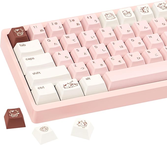 Milk Strawberry Cute Pink Keycaps, 134 Keys PBT Dye-Sublimation Keycaps, Cherry Profile Japanese Keycap, Compatible with 60% 65% 75% 80% 100% Mechanical Keyboard