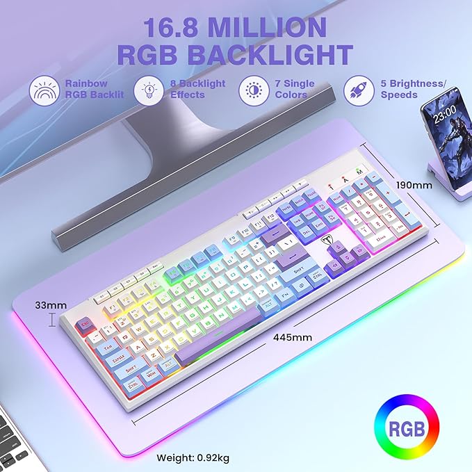 RisoPhy Wireless Gaming Keyboard, Tri-Mode BT5.0/2.4GHz/USB-C, RGB Light up Backlit Keyboards, Customizable Macro Keys, 26 Anti-ghosting Keys, 4000mAh Battery, Creamy Computer Keyboards