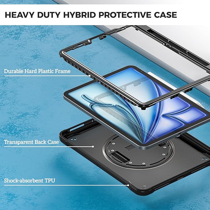 ProCase for iPad Air 11-inch M4 2026/ M3 2025/ M2 2024/ Air 5th / 4th Gen 10.9"/ iPad Pro 11" 4th/3rd/2nd/1st Gen, Heavy Duty Shockproof Cover with Hand Strap 360 Degree Rotatable Kickstand -Black