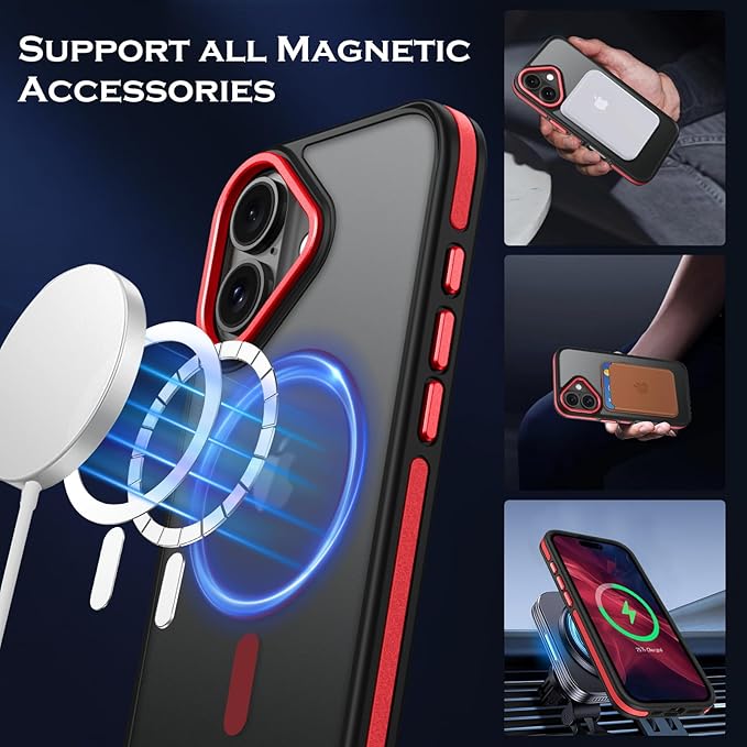 YINLAI Case for iPhone 16 Plus 6.7-Inch, iPhone 16 Plus Phone Case Magnetic [Compatible with Magsafe] Slim Translucent Matte Men Women Girls Shockproof Protective Back Cover, Black/Red