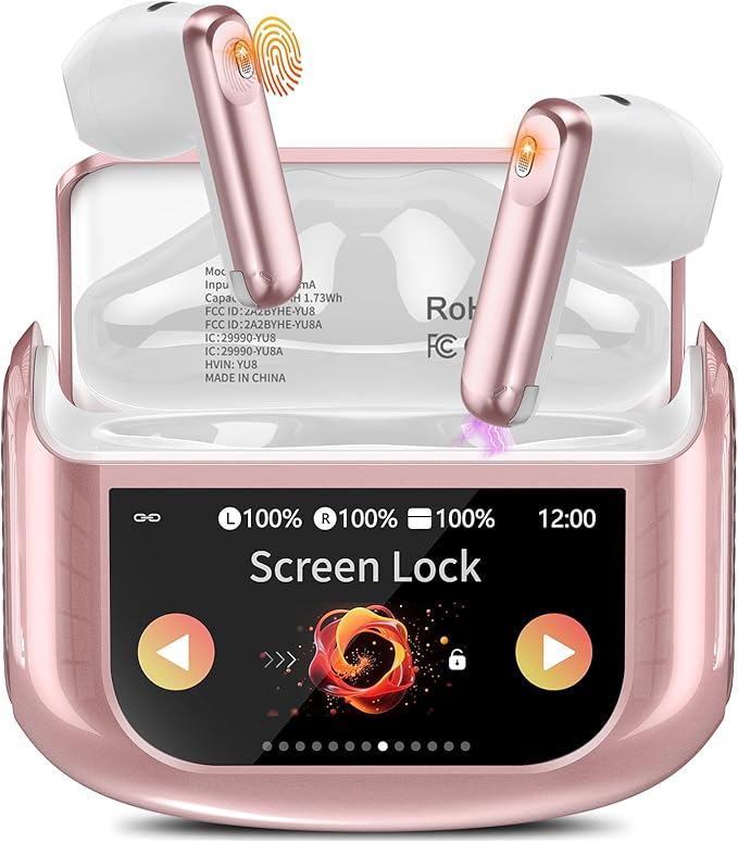 Wireless Earbuds, Bluetooth 5.4 Headphones with Multifunctional Touch Screen, 48H Hi-Fi Stereo Ear Buds with ENC Noise Cancelling Mic/5 EQ Modes Earbuds, IPX7 Earphones for iOS Android Rose Gold