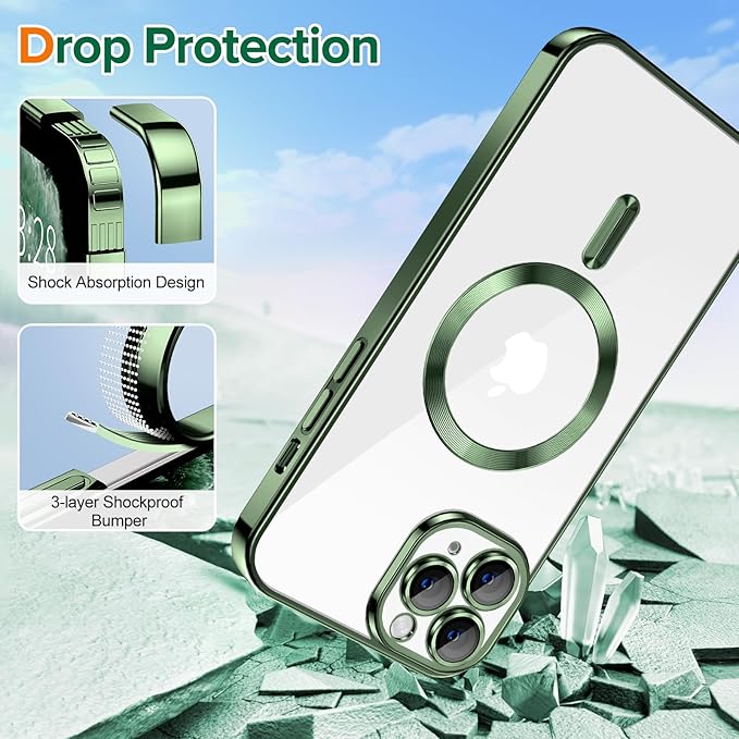 Hython Magnetic Clear for iPhone 11 Pro Max Case with Camera Lens Protector [Compatible with MagSafe] Plating Edge Slim Soft TPU Cover Protective Phone Case for iPhone 11 Pro Max 6.5", Deep Green