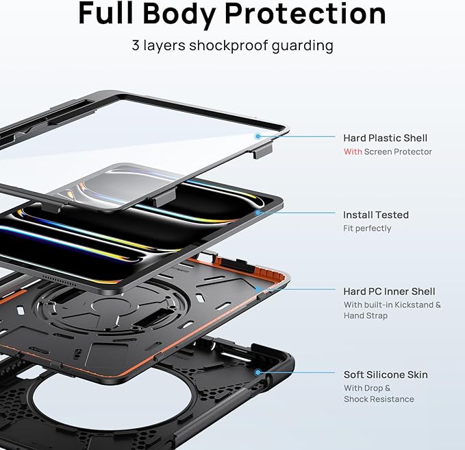 Gerutek Case for iPad Pro 11 inch Case M5 2025 / M4 2024, Shockproof Protective Heavy Duty Case with Screen Protector, Pencil Holder, 360°Rotating Stand, Hand Strap, Shoulder Strap- Black