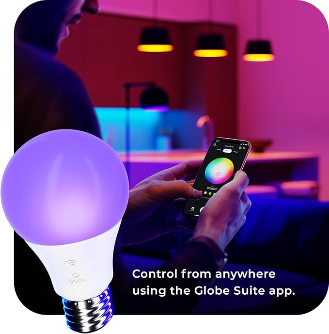 Globe Electric Wi-Fi Smart 10W LED Bulb, Multicolor RGB + Tunable White 2000K–5000K, A19 Shape, E26 Base, App + Voice Control, No Hub Required, 34212