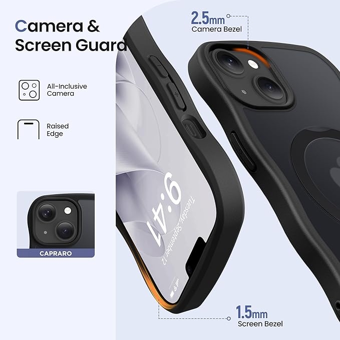 CAPRARO for iPhone 13 Case & iPhone 14 Case with 360° Spin Magnetic Stand for Women, [Compatible with MagSafe] [Camera Protection] Cute Wave Translucent Matte Case for iPhone 13/14, Black