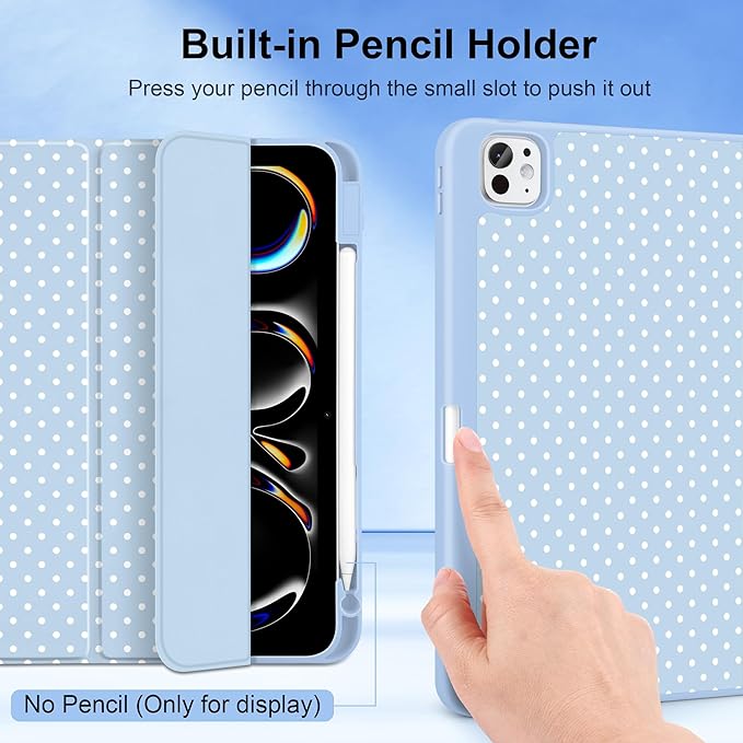 MEEgoodo Case for M5 iPad Pro 11 inch 2025/M4 iPad Pro 11 inch Case 2024, Tablet Cover with Trifold Stand & Pencil Holder & Auto Wake/Sleep & Soft TPU Back Cover, White Polka Dot & Blue