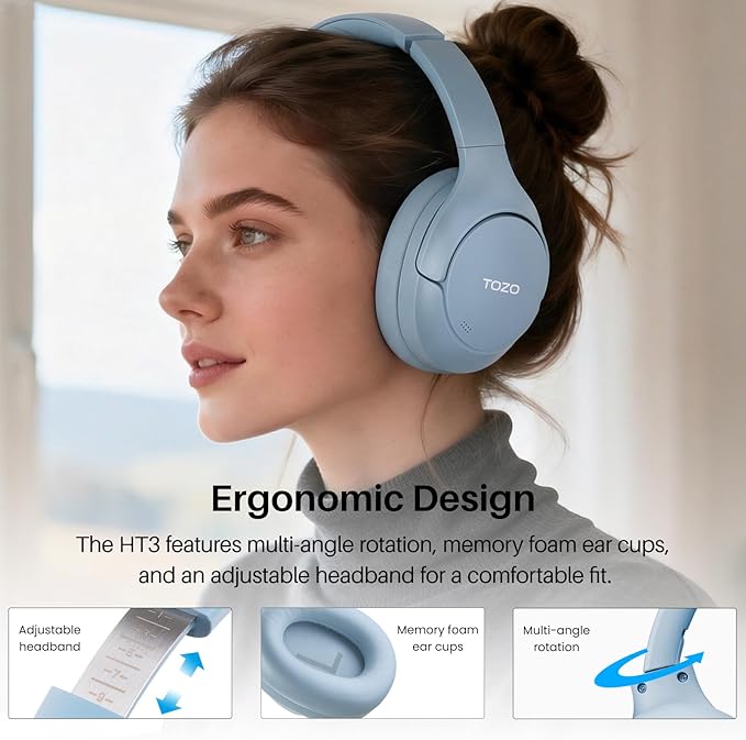 TOZO HT3 Hybrid Noise Cancelling Headphones, 90H Battery Life Wireless Over Ear Bluetooth 6.0 Foldable Headset, AI Voice Assistant with 5 Mics, Connect 2 Devices and Hi-Res Sound, 32 EQ Audio Presets