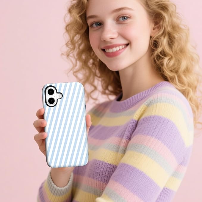Magnetic for iPhone 16 Case Cute Diagonal Stripes Phone Case, Shockproof Slim TPU and Hard PC Protective Phone Cover Compatible with MagSafe Designed for Women Girls,Blue