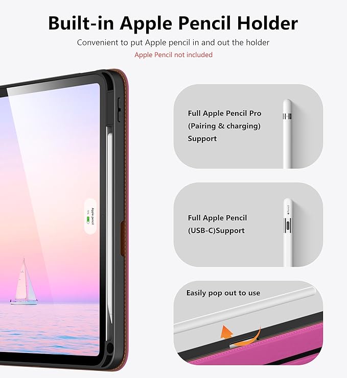 DTTO for iPad Air 11 inch Case M4 / M3 / M2 (2026/2025/2024), iPad Air 5th / 4th Gen (2022/2020), 360 Degree Rotating Premium Leather Folio Stand Cover with Pencil Holder, Rose Red