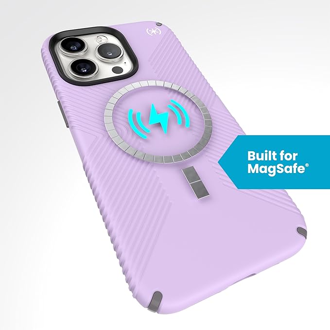 Speck iPhone 15 Pro Max Case - Built for MagSafe, Drop Protection Grip - Scratch Resistant, Soft Touch, 6.7 Inch Phone Case - Presidio2 Grip Spring Purple/Cloudy Grey/White