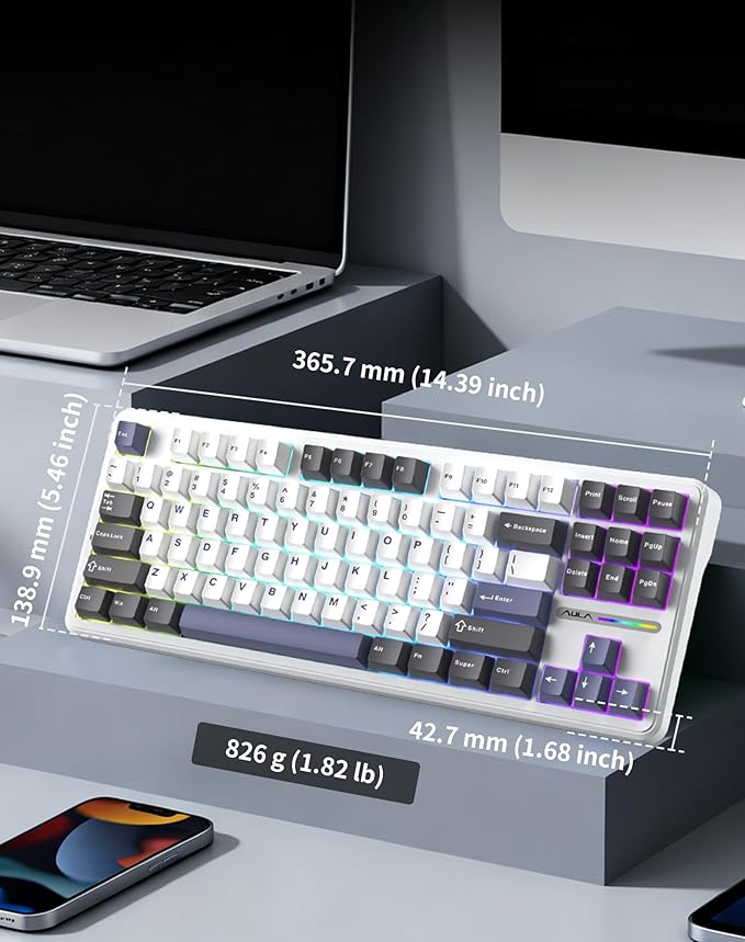 Aula F87 Pro Wireless Mechanical Keyboard, 87-Key TKL Tri-Mode (BT5.0/2.4G/USB-C), Hot Swappable Gasket Mount Keyboard, 4000mAh Battery, RGB Backlit PBT Keycaps Custom Gaming Keyboard for PC Mac