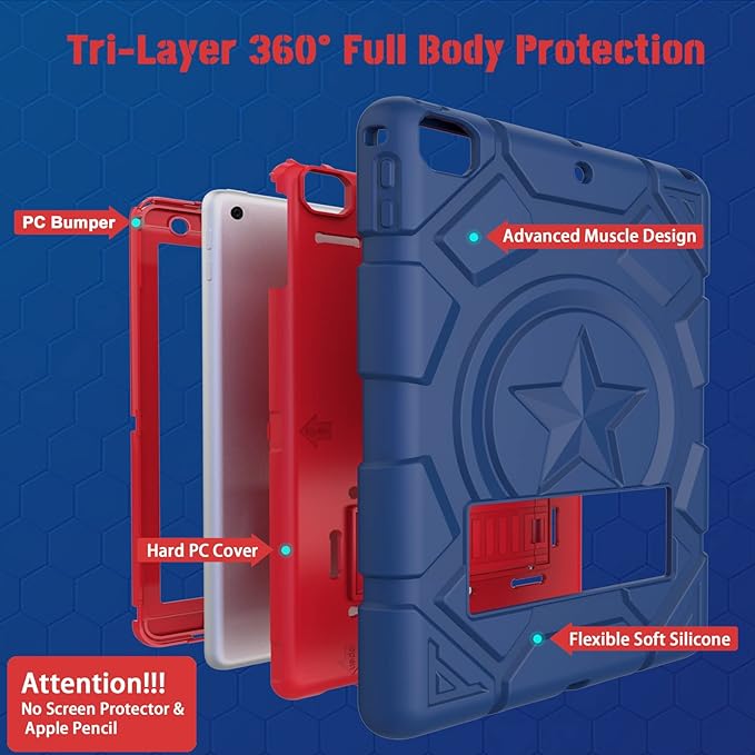 CCMAO Case for iPad 6th Generation/ipad 5th Generation/iPad 9.7 Inch (2018/2017 Model), iPad Air 2 Case, Hybrid Shockproof Rugged Protective Cover with Kickstand for, Navy Blue+Red