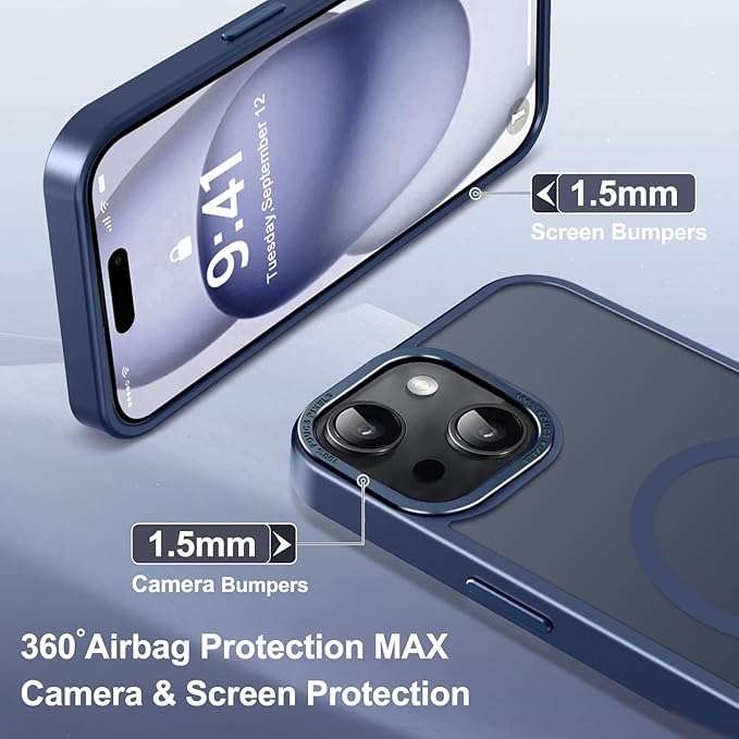 Newfuture Magnetic for iPhone 15 Case [Compatible with Magsafe] [Military Grade Drop Protection] Translucent Matte Anti-Fingerprint Shockproof Phone Case for iPhone 15 6.1 inch, Navy Blue