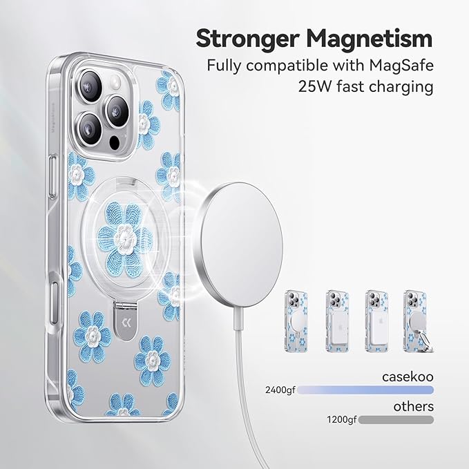 CASEKOO Floral Series Blue Flowers for iPhone 16 Pro Max Case with Magnetic Ring Stand [Compatible with MagSafe] [Military-Grade Protection] Fashion Clear Back, Soft Edge, for Women