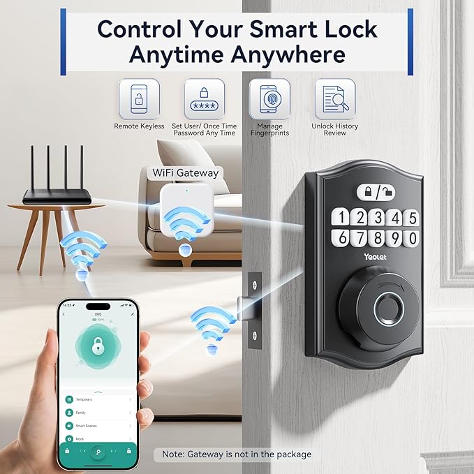 Y58 Built-in WiFi Fingerprint Door Lock, Keyless Entry Door Lock for Front, Smart Home & Apartment, App Control, 15-Min Easy Install, Grade 3 Anti Security, Matte Black