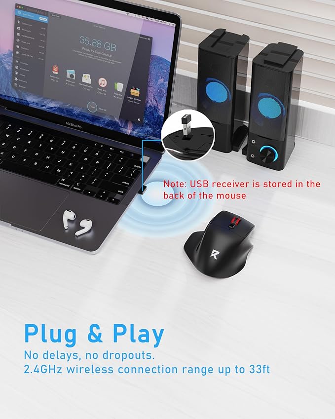 Redragon Big Wireless Mouse for Medium to Large Hands, 2.4GHz Ergonomic Computer Mouse, 6 Buttons, 4000 DPI, Full Sized USB Optical Mouse for Laptop, PC, Chromebook