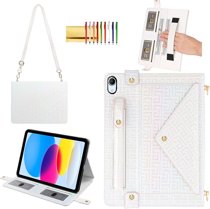 Shiny Case for iPad (A16) 2025 11"/iPad 10th Generation Handbag with Hand Strap, Techcircle Crossbody Iridescent Folio Stand Wallet Case with Pencil Holder+Card Slots+Shoulder Strap, Shiny White
