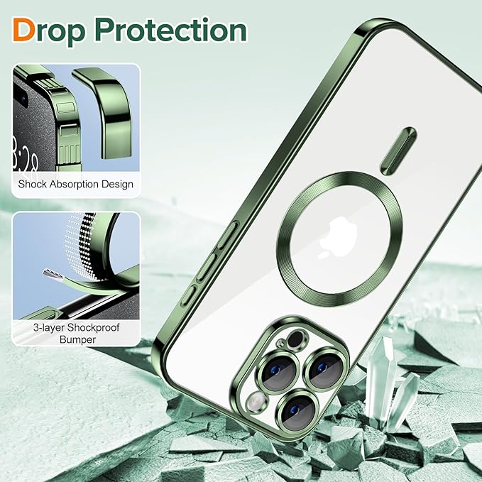 Hython Magnetic Clear for iPhone 15 Pro Max Case with Camera Lens Protector [Compatible with MagSafe] Plating Edge Slim Soft TPU Cover Protective Phone Case for iPhone 15 Pro Max 6.7", Deep Green