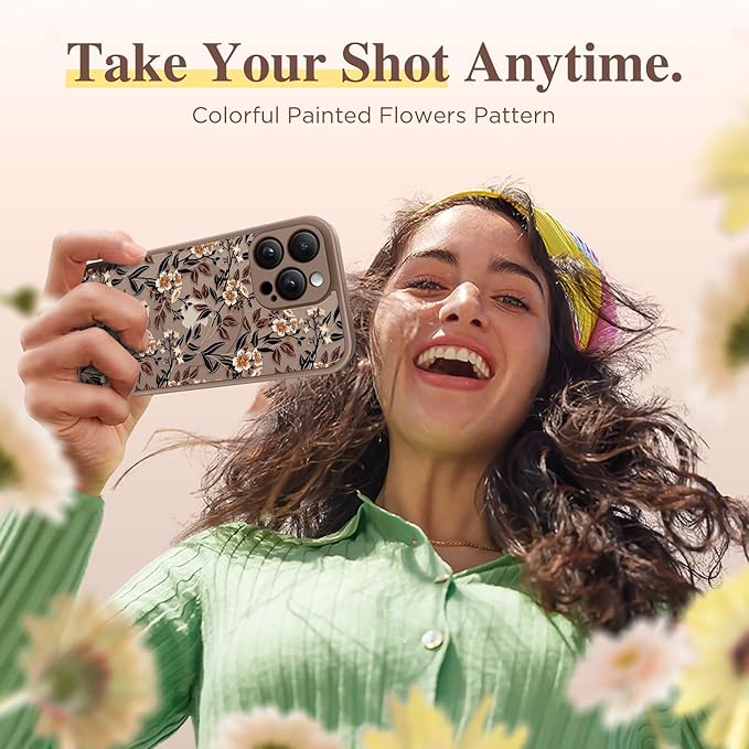 GVIEWIN for iPhone 16 Pro Max Case Compatible with MagSafe, [Military Grade Protection] [Screen Protector] Full Camera Protection Floral Translucent Women Magnetic Phone Case, Bunchflower/Brown